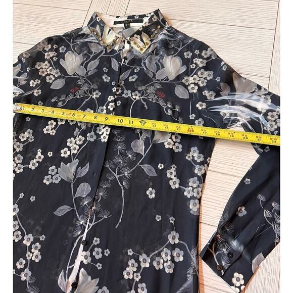 Guess poly button down embellished collar semi sheer floral print shirt. Sz S - Picture 4 of 6